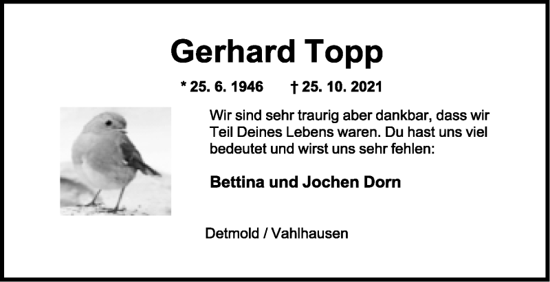  Traueranzeige für Gerhard Topp vom 30.10.2021 aus Lippische Landes-Zeitung