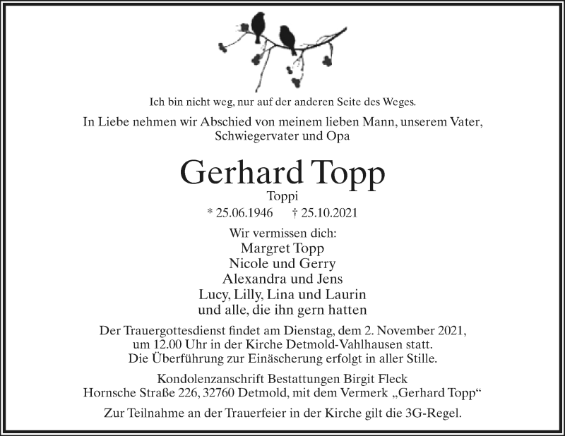  Traueranzeige für Gerhard Topp vom 30.10.2021 aus Lippische Landes-Zeitung