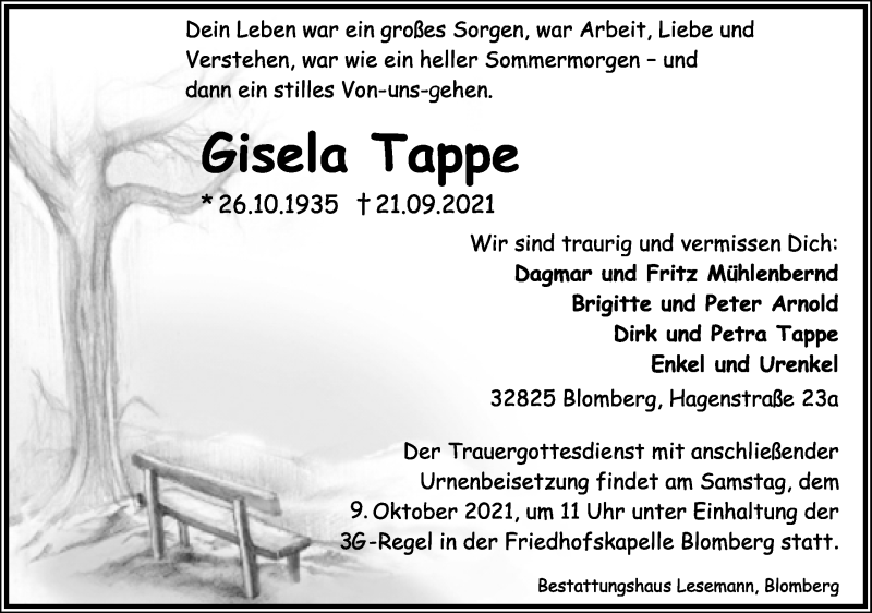  Traueranzeige für Gisela Tappe vom 02.10.2021 aus Lippische Landes-Zeitung