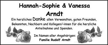 Anzeige  Hannah-Sophie Arndt  Lippische Landes-Zeitung