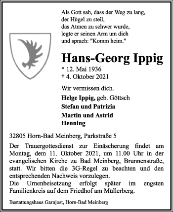 Anzeige  Hans-Georg Ippig  Lippische Landes-Zeitung