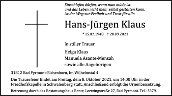 Anzeige  Hans-Jürgen Klaus  Lippische Landes-Zeitung