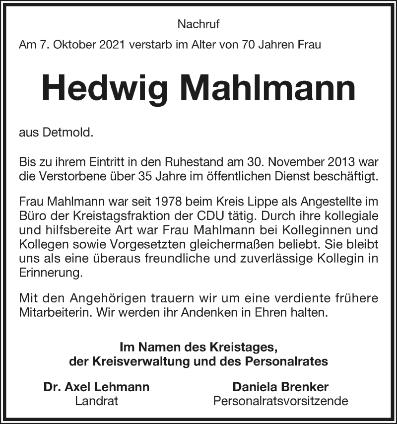  Traueranzeige für Hedwig Mahlmann vom 16.10.2021 aus Lippische Landes-Zeitung