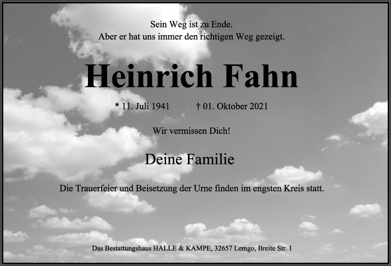  Traueranzeige für Heinrich Fahn vom 09.10.2021 aus Lippische Landes-Zeitung