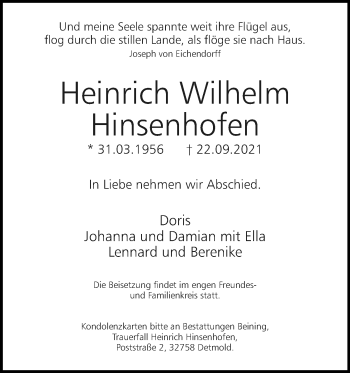 Anzeige  Heinrich Wilhelm Hinsenhofen  Lippische Landes-Zeitung