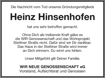 Anzeige  Heinz Hinsenhofen  Lippische Landes-Zeitung