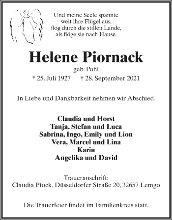 Anzeige  Helene Piornack  Lippische Landes-Zeitung