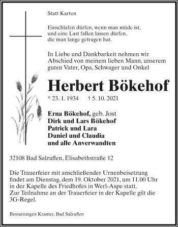Anzeige  Herbert Bökehof  Lippische Landes-Zeitung