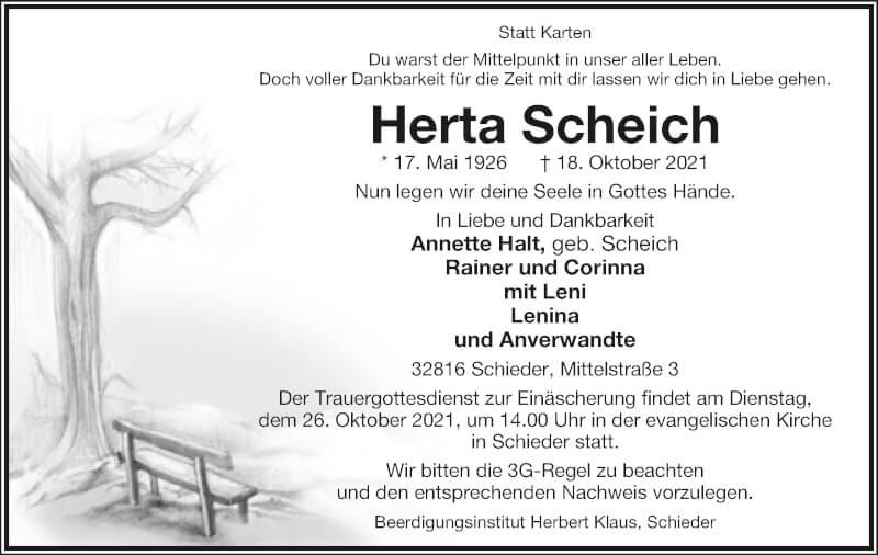  Traueranzeige für Herta Scheich vom 23.10.2021 aus Lippische Landes-Zeitung