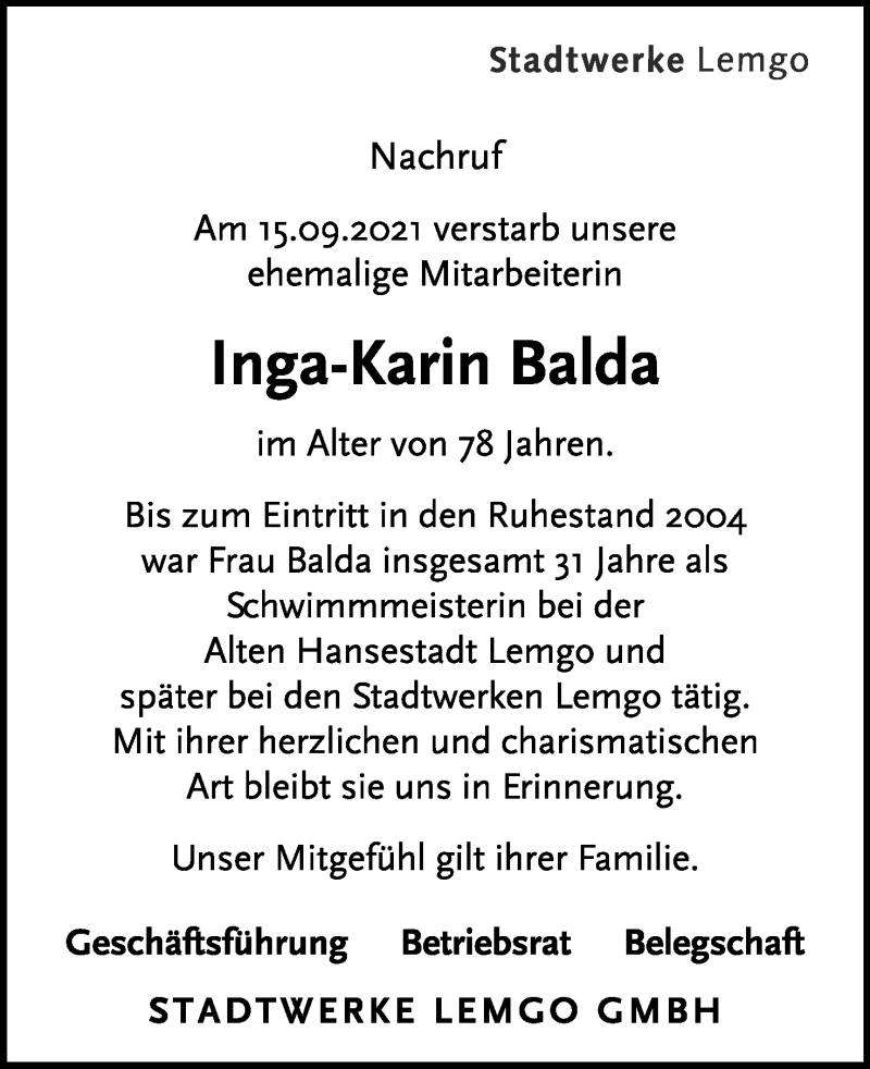  Traueranzeige für Inga-Karin Balda vom 02.10.2021 aus Lippische Landes-Zeitung