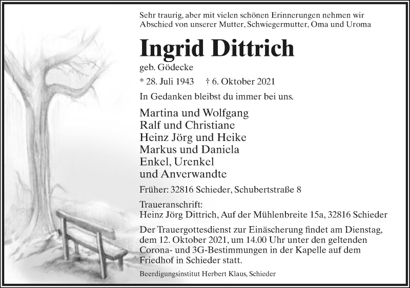  Traueranzeige für Ingrid Dittrich vom 09.10.2021 aus Lippische Landes-Zeitung