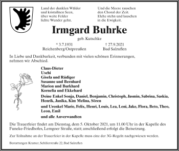 Anzeige  Irmgard Buhrke  Lippische Landes-Zeitung