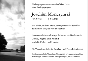 Anzeige  Joachim Monczynski  Lippische Landes-Zeitung