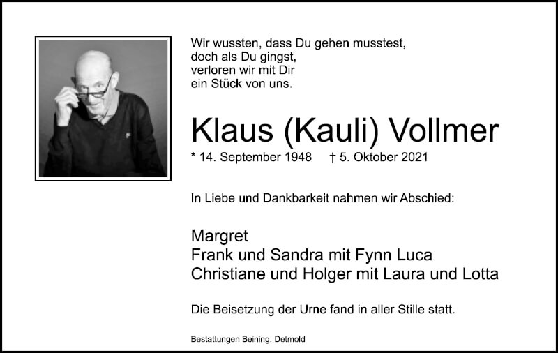  Traueranzeige für Klaus Vollmer vom 23.10.2021 aus Lippische Landes-Zeitung