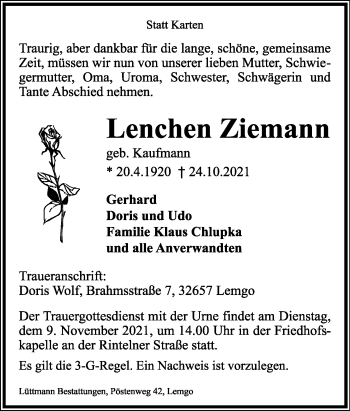 Anzeige  Lenchen Ziemann  Lippische Landes-Zeitung