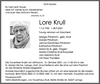 Anzeige  Lore Krull  Lippische Landes-Zeitung