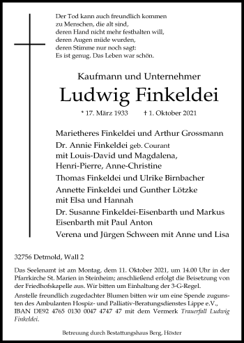 Anzeige  Ludwig Finkeldei  Lippische Landes-Zeitung
