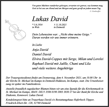 Anzeige  Lukas David  Lippische Landes-Zeitung