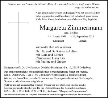 Anzeige  Margareta Zimmermann  Lippische Landes-Zeitung
