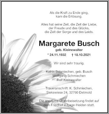 Anzeige  Margarete Busch  Lippische Landes-Zeitung