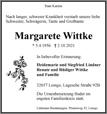 Anzeige  Margarete Wittke  Lippische Landes-Zeitung