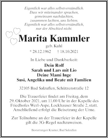 Anzeige  Marita Kammler  Lippische Landes-Zeitung