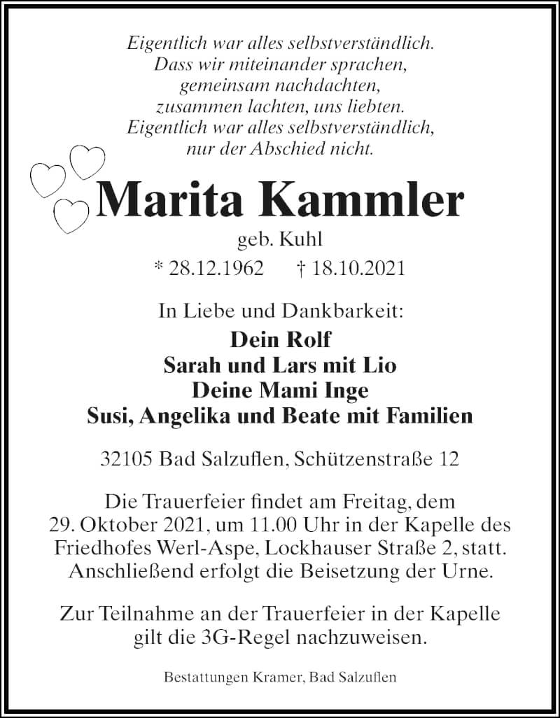  Traueranzeige für Marita Kammler vom 23.10.2021 aus Lippische Landes-Zeitung