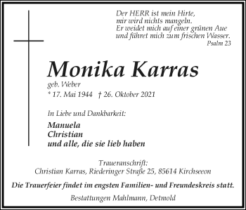 Anzeige  Monika Karras  Lippische Landes-Zeitung