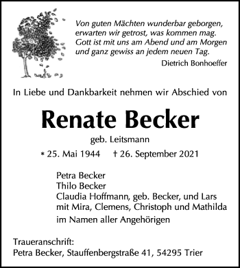 Anzeige  Renate Becker  Lippische Landes-Zeitung