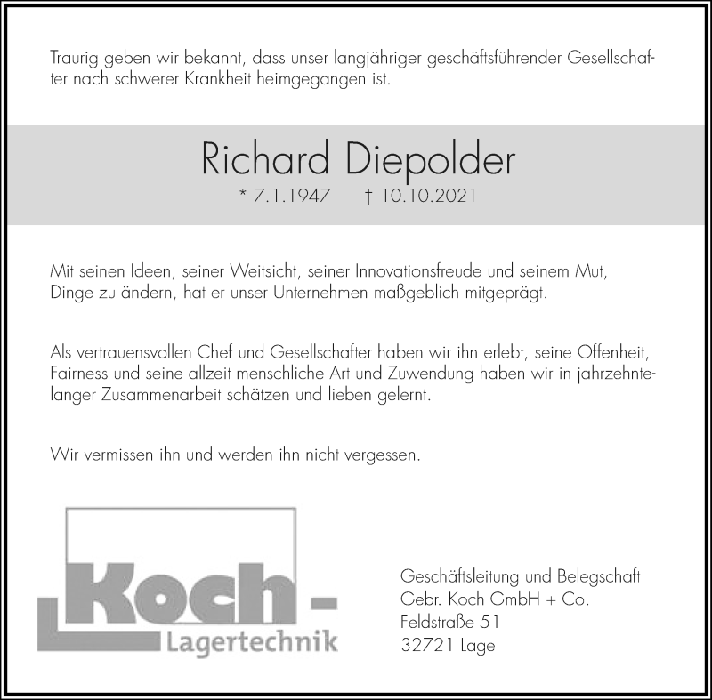  Traueranzeige für Richard Diepolder vom 16.10.2021 aus Lippische Landes-Zeitung