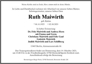 Anzeige  Ruth Maiwirth  Lippische Landes-Zeitung