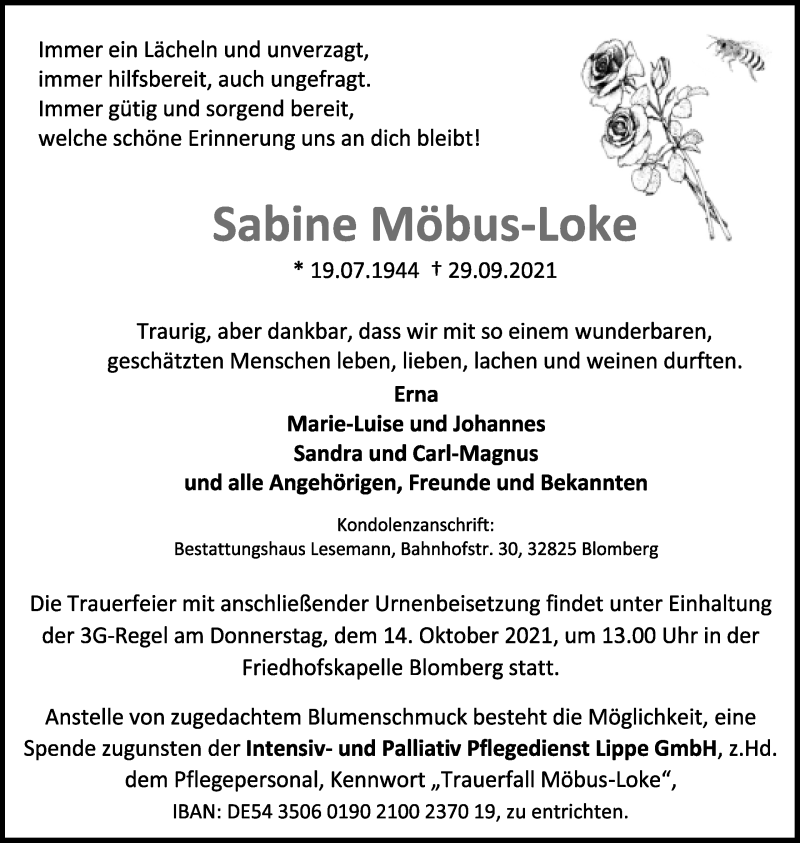  Traueranzeige für Sabine Möbus-Loke vom 09.10.2021 aus Lippische Landes-Zeitung