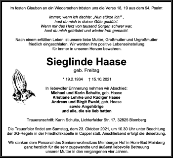 Anzeige  Sieglinde Haase  Lippische Landes-Zeitung