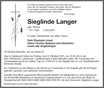 Anzeige  Sieglinde Langer  Lippische Landes-Zeitung