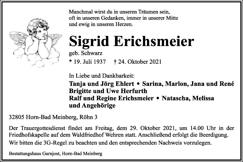  Traueranzeige für Sigrid Erichsmeier vom 27.10.2021 aus Lippische Landes-Zeitung