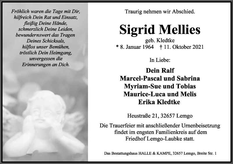  Traueranzeige für Sigrid Mellies vom 16.10.2021 aus Lippische Landes-Zeitung