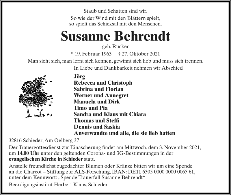  Traueranzeige für Susanne Behrendt vom 30.10.2021 aus Lippische Landes-Zeitung
