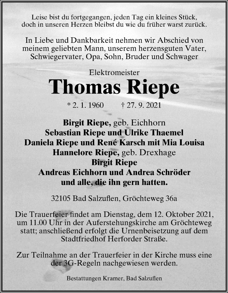  Traueranzeige für Thomas Riepe vom 02.10.2021 aus Lippische Landes-Zeitung