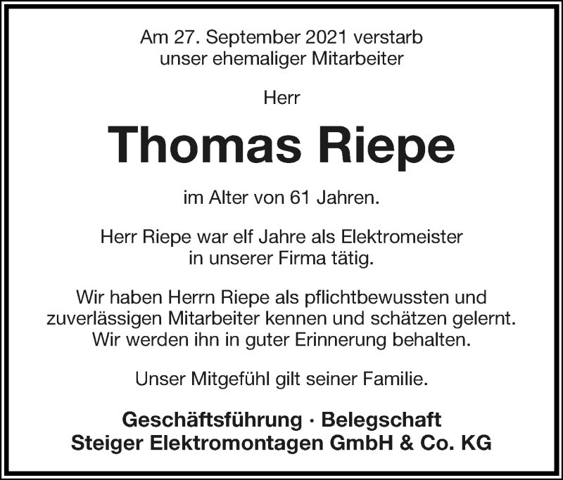  Traueranzeige für Thomas Riepe vom 09.10.2021 aus Lippische Landes-Zeitung