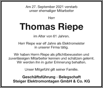 Anzeige  Thomas Riepe  Lippische Landes-Zeitung