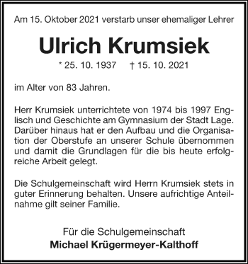 Anzeige  Ulrich Krumsiek  Lippische Landes-Zeitung