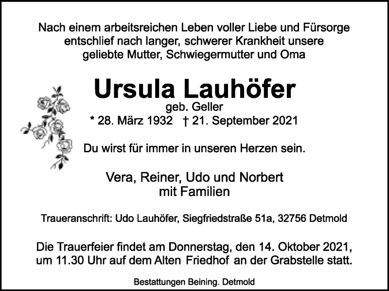  Traueranzeige für Ursula Lauhöfer vom 09.10.2021 aus Lippische Landes-Zeitung