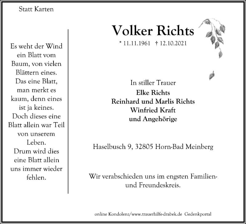  Traueranzeige für Volker Richts vom 23.10.2021 aus Lippische Landes-Zeitung