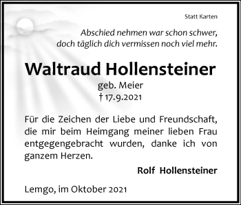 Anzeige  Waltraud Hollensteiner  Lippische Landes-Zeitung