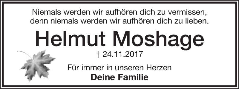  Traueranzeige für Helmut Moshage vom 24.11.2021 aus Lippische Landes-Zeitung