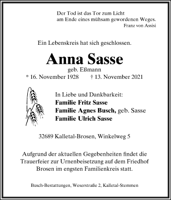 Anzeige  Anna Sasse  Lippische Landes-Zeitung