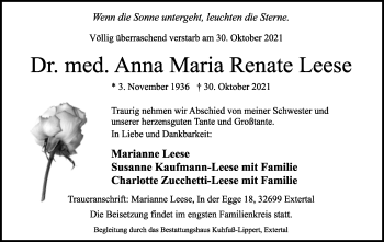 Anzeige  Anna Maria Renate Leese  Lippische Landes-Zeitung
