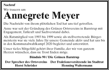 Anzeige  Annegrete Meyer  Lippische Landes-Zeitung