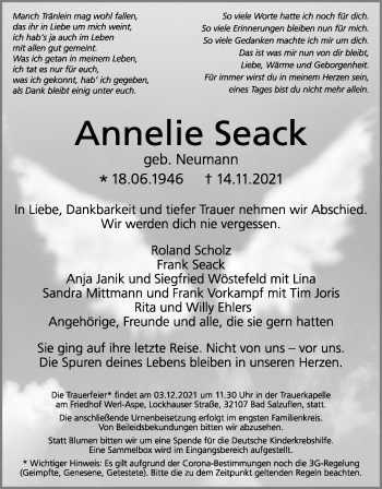 Anzeige  Annelie Seack  Lippische Landes-Zeitung