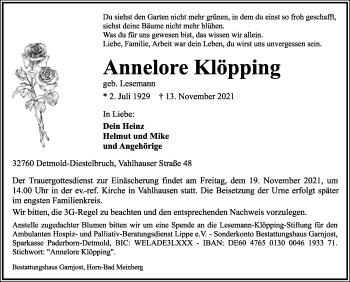Anzeige  Annelore Klöpping  Lippische Landes-Zeitung